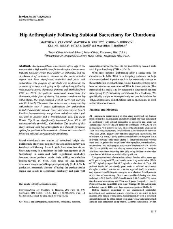 (PDF) Hip Arthroplasty Following Subtotal Sacrectomy for Chordoma