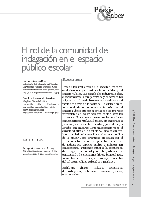 (PDF) El rol de la comunidad de indagación en el espacio público escolar
