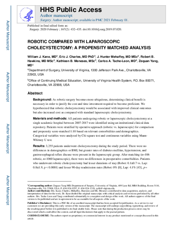 (PDF) Robotic compared with laparoscopic cholecystectomy: A propensity ...