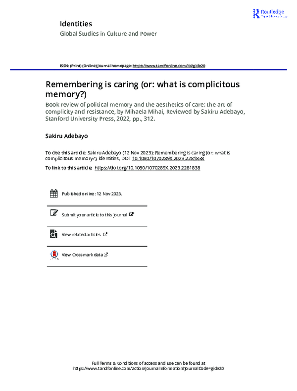(PDF) Remembering is caring (or: what is complicitous memory?)