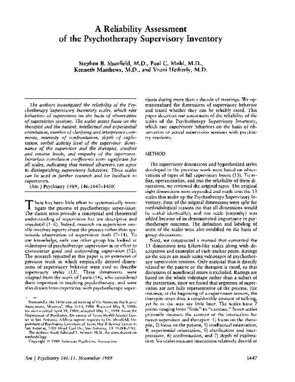 (PDF) A reliability assessment of the Psychotherapy Supervisory Inventory