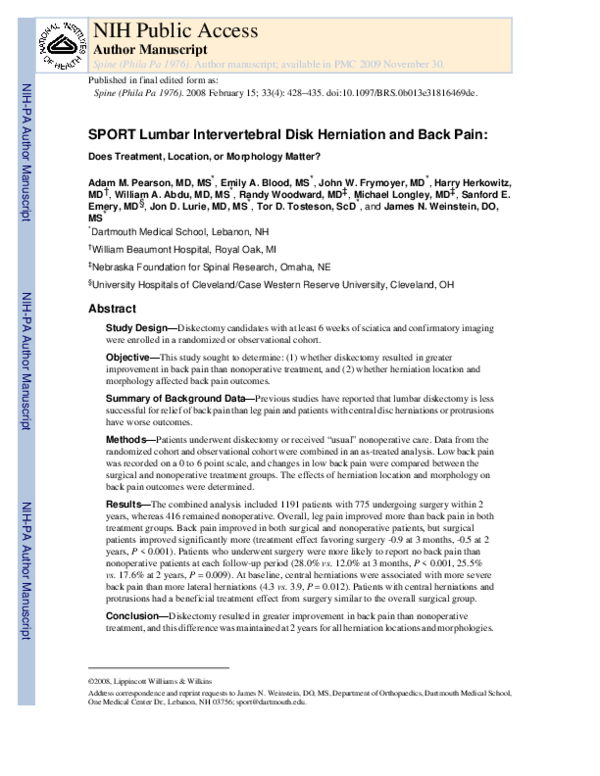(PDF) SPORT Lumbar Intervertebral Disk Herniation and Back Pain