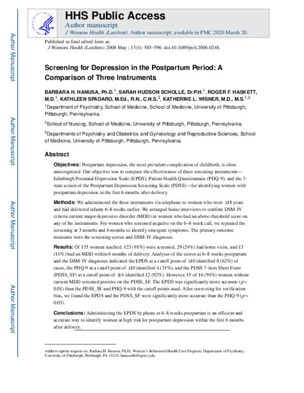 (PDF) Screening for Depression in the Postpartum Period: A Comparison ...