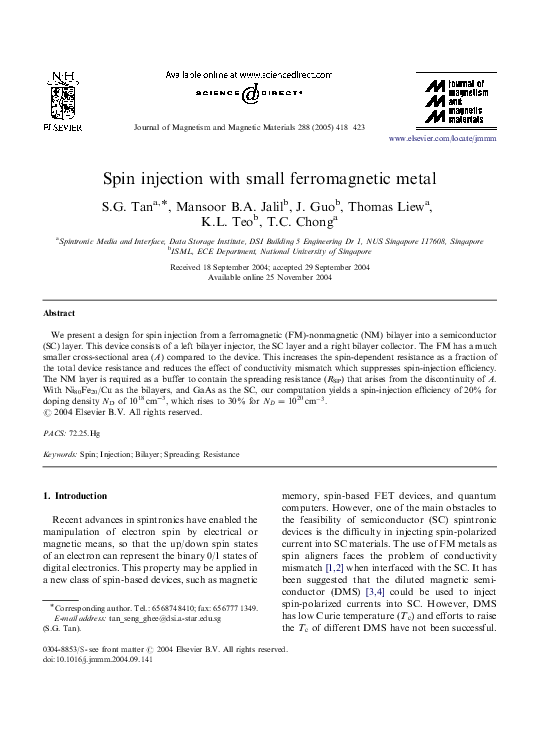 (PDF) Spin injection with small ferromagnetic metal