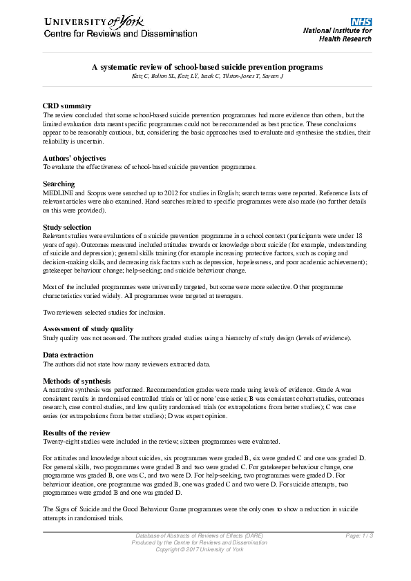 (PDF) A Systematic Review of School-Based Suicide Prevention Programs