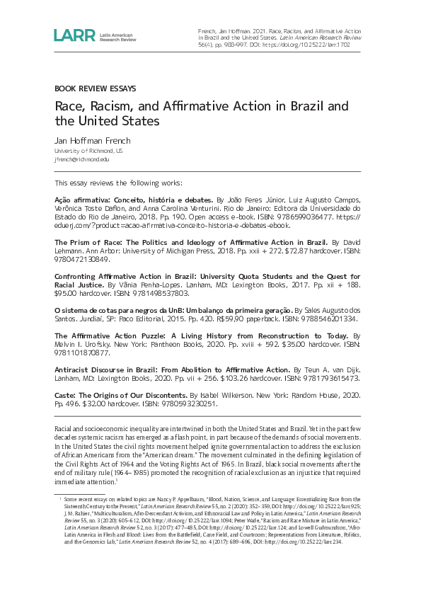 (PDF) Race, Racism, and Affirmative Action in Brazil and the United States