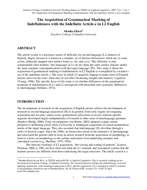 (PDF) The Acquisition of Grammatical Marking of Indefiniteness with the ...