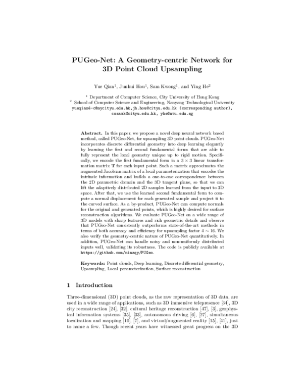 (PDF) PUGeo-Net: A Geometry-Centric Network for 3D Point Cloud Upsampling
