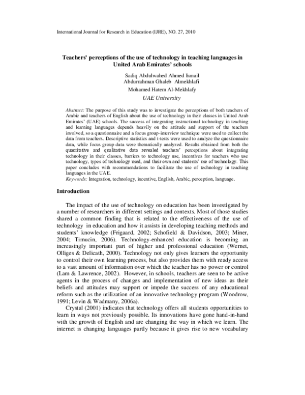 (PDF) Teachers' perceptions of the use of technology in teaching ...