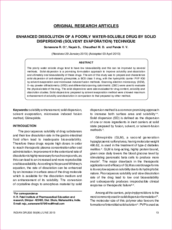 (PDF) Enhanced Dissolution of a Poorly Water-Soluble Drug by Solid ...
