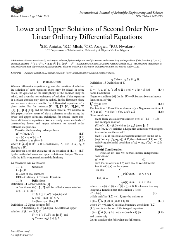 (PDF) Lower and Upper Solutions of Second Order Non-Linear Ordinary ...