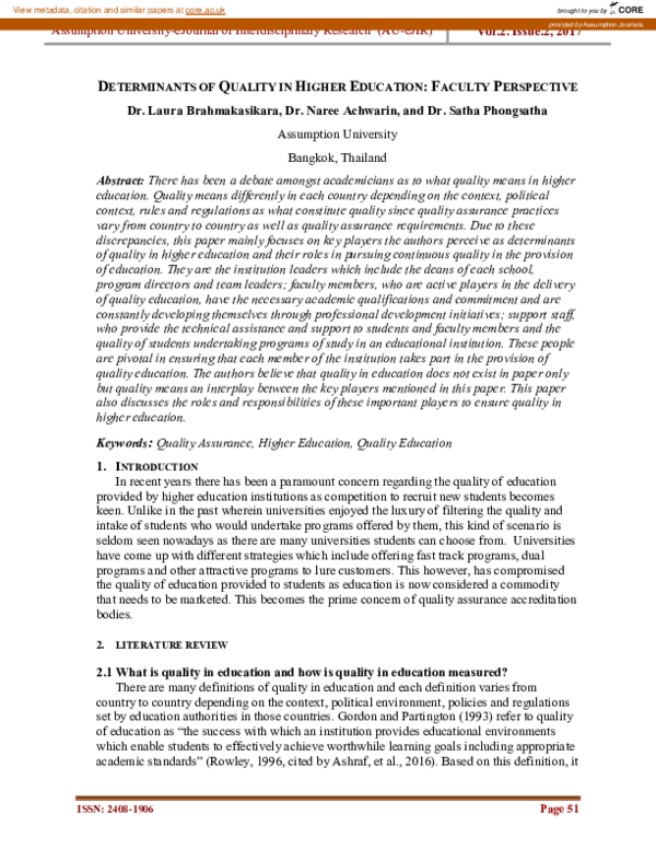 (PDF) Determinants of Quality in Higher Education: Faculty Perspective