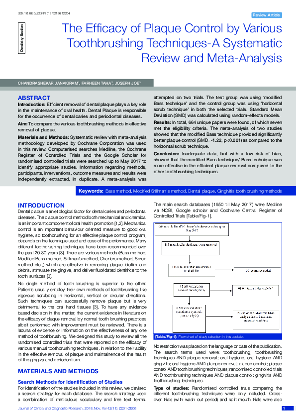 (PDF) The Efficacy of Plaque Control by Various Toothbrushing