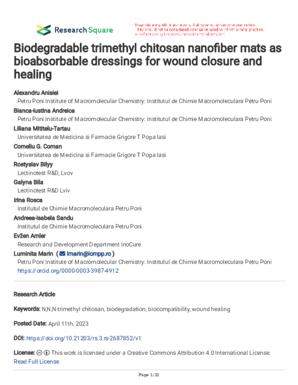 (PDF) Biodegradable trimethyl chitosan nanofiber mats as bioabsorbable ...