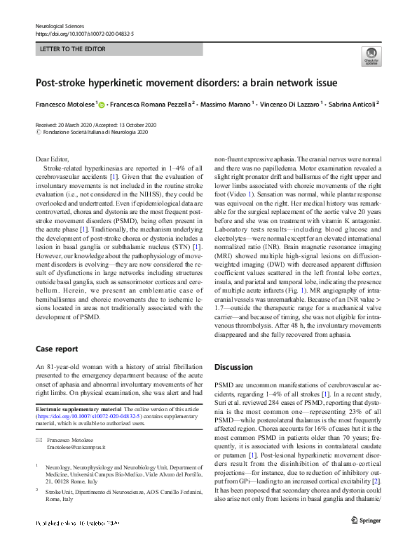 Post-stroke hyperkinetic movement disorders: a brain network issue
