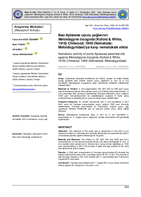 Nematoxic activity of some Apiaceae essential oils against Meloidogyne incognita (Kofoid &amp; White, 1919) Chitwood, 1949 (Nematoda: Meloidogynidae)