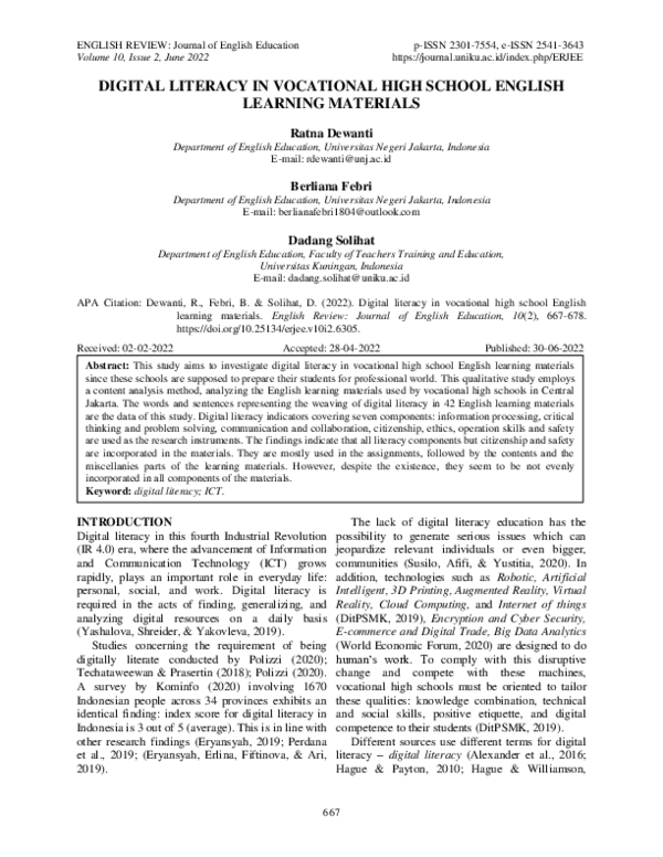 (PDF) Digital Literacy in Vocational High School English Learning Materials