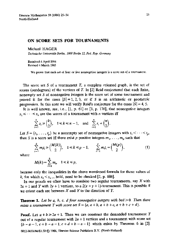 (PDF) On score sets for tournaments