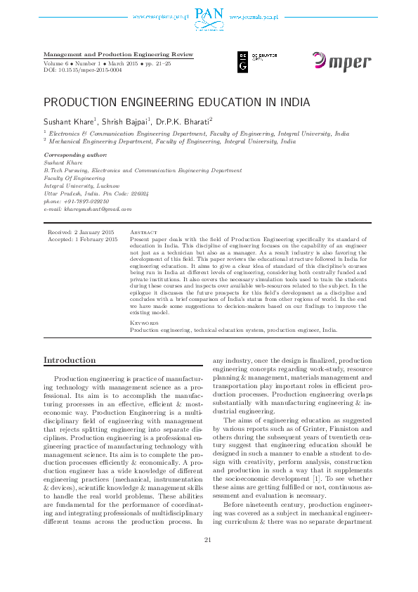 (PDF) Production Engineering Education in India