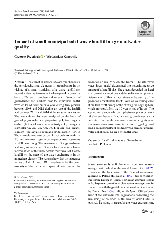 (PDF) Impact of small municipal solid waste landfill on groundwater quality