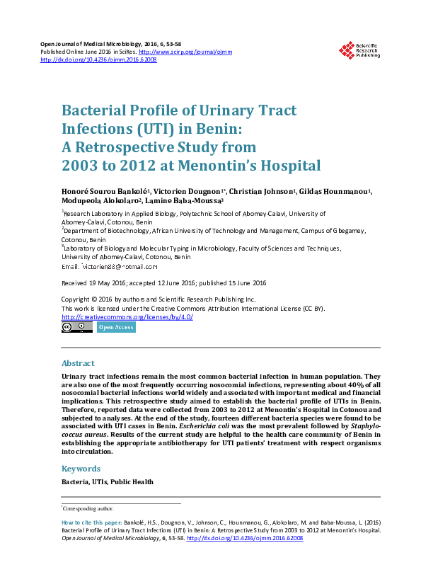 (PDF) Bacterial Profile of Urinary Tract Infections (UTI) in Benin: A ...