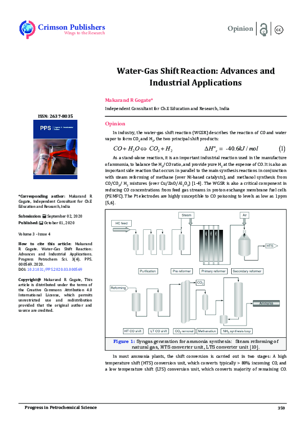 (PDF) Water-Gas Shift Reaction: Advances and Industrial Applications