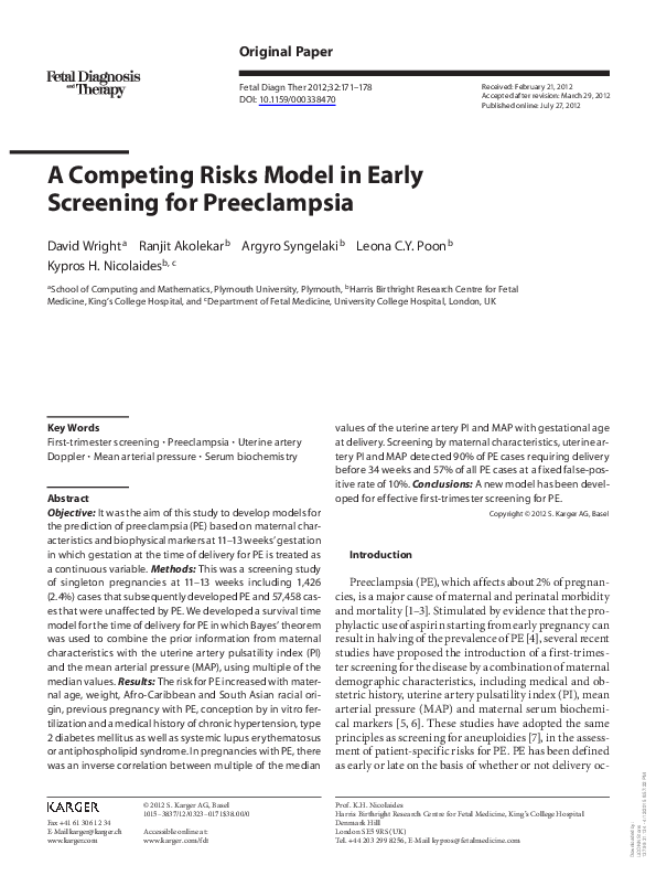 (PDF) A Competing Risks Model in Early Screening for Preeclampsia