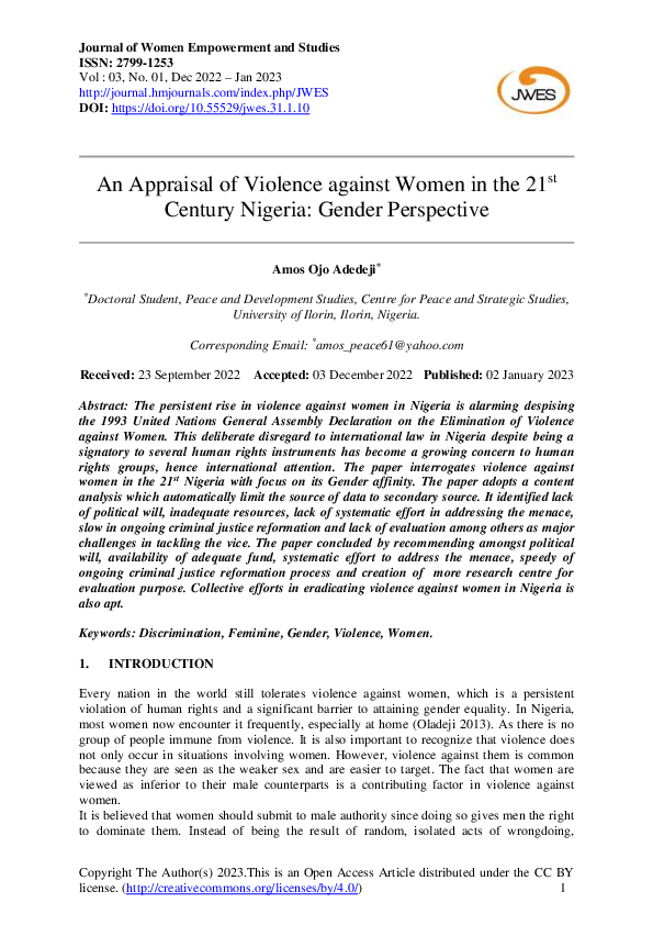(PDF) An Appraisal of Violence against Women in the 21st Century ...