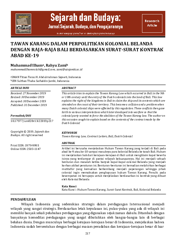 (PDF) Tawan Karang Dalam Perpolitikan Kolonial Belanda Dengan RajaRaja