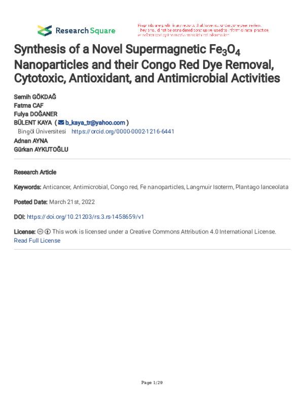 (PDF) Synthesis of a Novel Supermagnetic Fe3O4 Nanoparticles and their ...