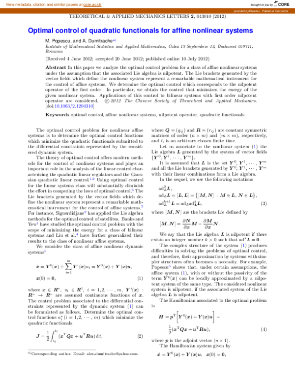 (PDF) Optimal control of quadratic functionals for affine nonlinear systems