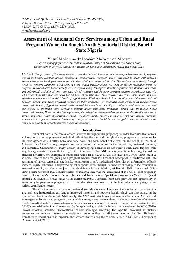 (PDF) Assessment of Antenatal Care Services among Urban and Rural ...