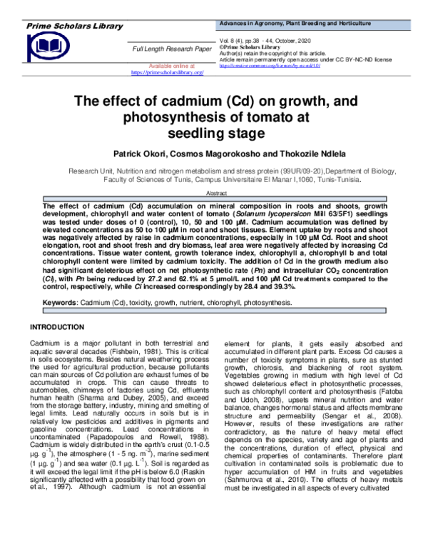(PDF) The effect of cadmium (Cd) on growth, and photosynthesis of ...