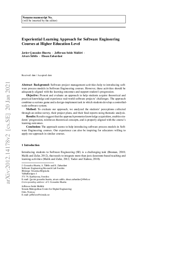 (PDF) Experiential Learning Approach for Software Engineering Courses ...