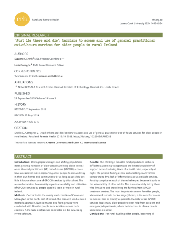 Just lie there and die': barriers to access and use of general practitioner out-of-hours services for older people in rural Ireland