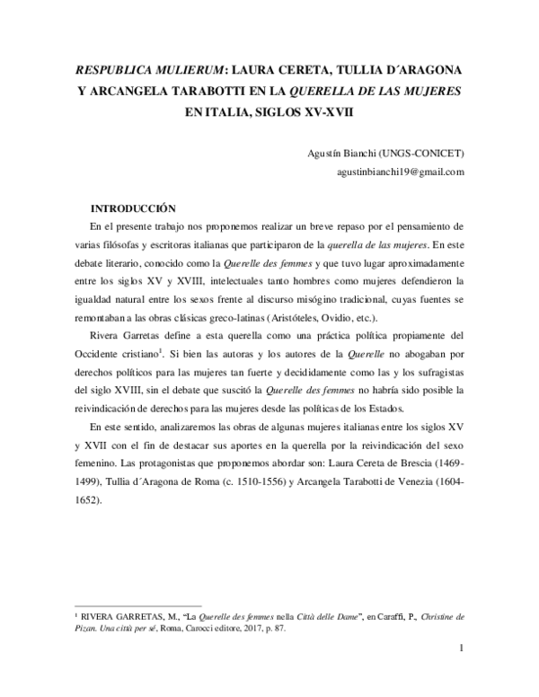 (PDF) RESPUBLICA MULIERUM: LAURA CERETA, TULLIA D´ARAGONA Y ARCANGELA ...