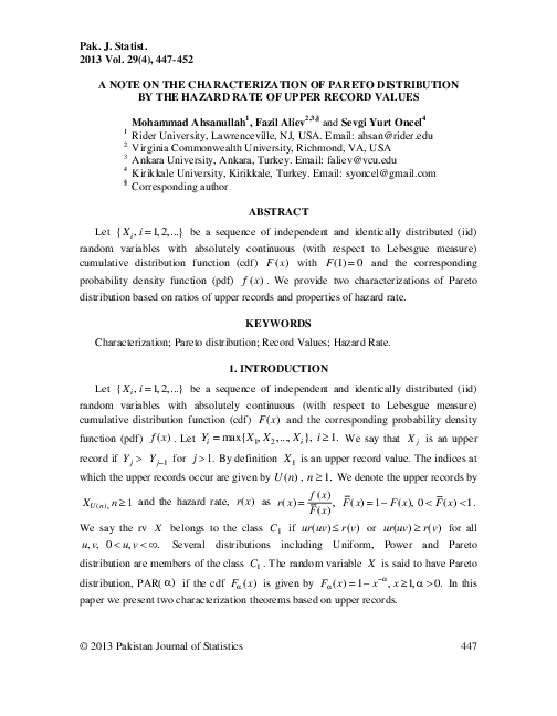 (PDF) A NOTE ON THE CHARACTERIZATION OF PARETO DISTRIBUTION BY THE ...