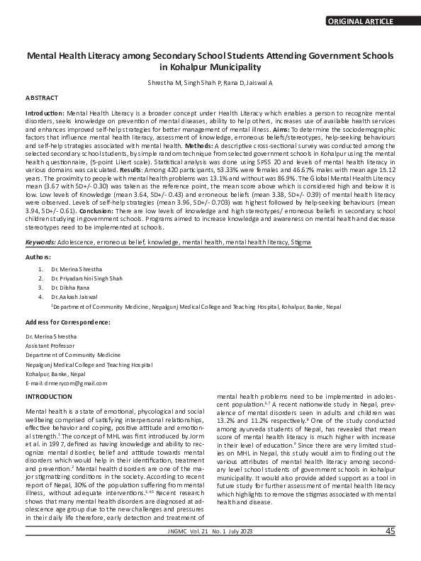 (PDF) Mental Health Literacy among Secondary School Students Attending ...