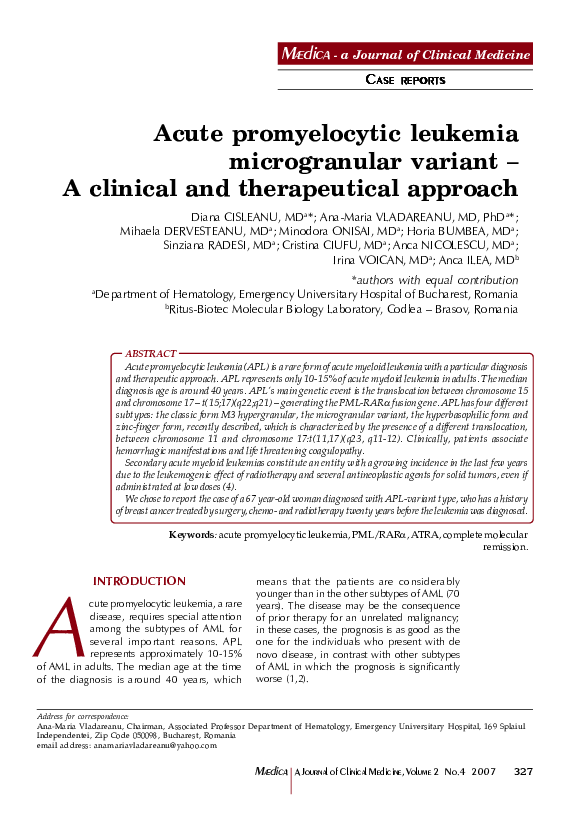 (PDF) Acute promyelocytic leukemia microgranular variant - A clinical ...