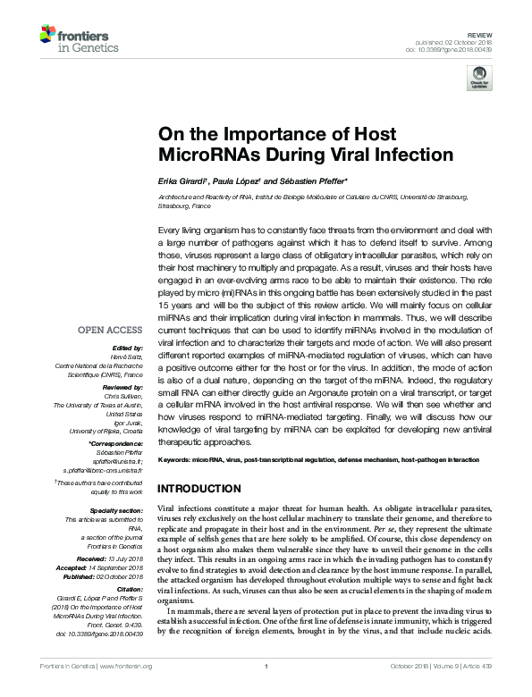 (PDF) On the Importance of Host MicroRNAs During Viral Infection