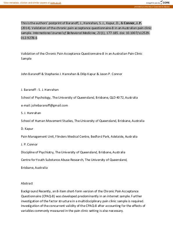 (PDF) Validation of the Chronic Pain Acceptance Questionnaire-8 in an ...