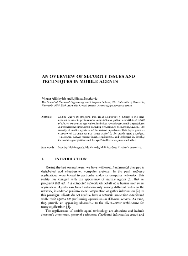 (PDF) An Overview of Security Issues and Techniques in Mobile Agents