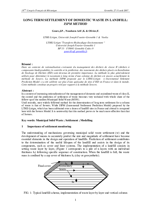 (PDF) Long term settlement of domestic waste in Landfill : ISPM method
