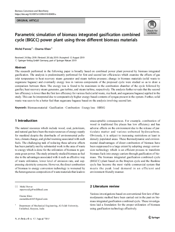 (PDF) Parametric simulation of biomass integrated gasification combined ...
