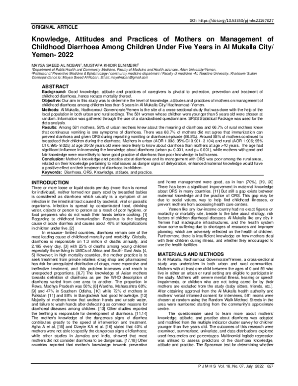 (PDF) Knowledge, Attitudes and Practices of Mothers on Management of ...