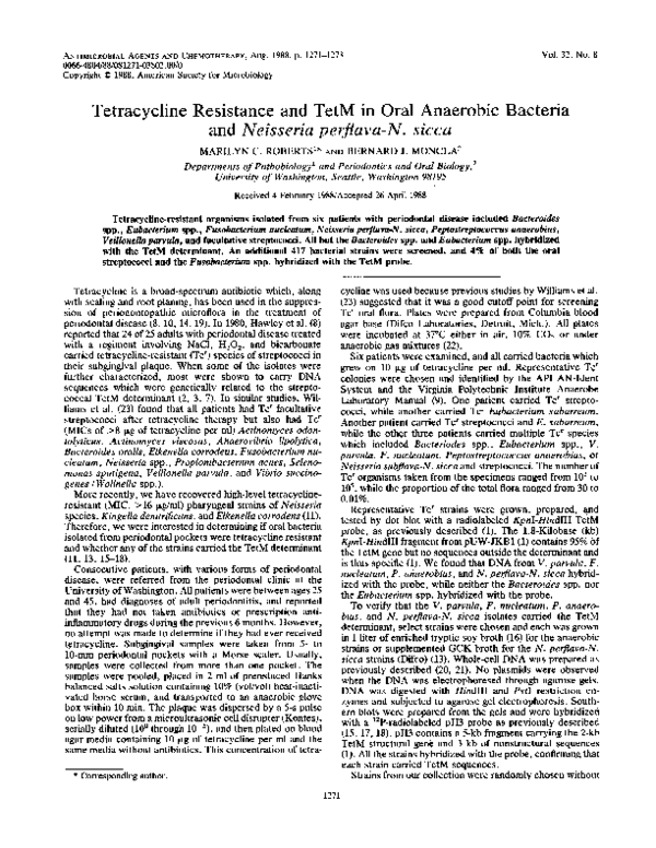 (PDF) Tetracycline resistance and TetM in oral anaerobic bacteria and ...