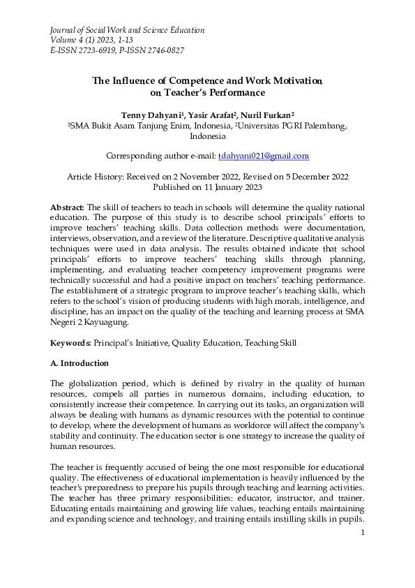 (PDF) The Influence of Competence and Work Motivation on Teacher’s ...