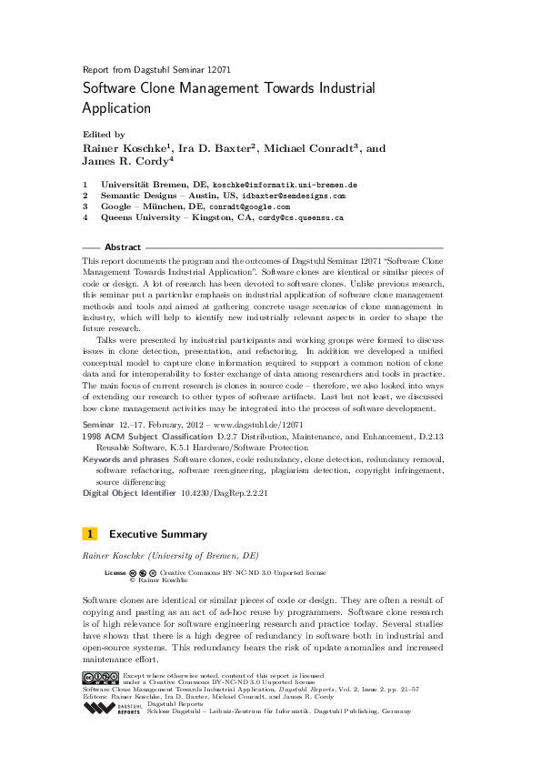 (PDF) Software Clone Management Towards Industrial Application ...