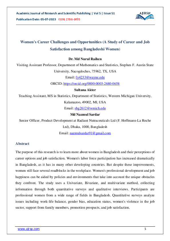 (PDF) Women's Career Challenges and Opportunities (A Study of Career ...