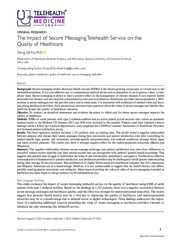 (PDF) The Impact of Secure Messaging Telehealth Service on the Quality ...